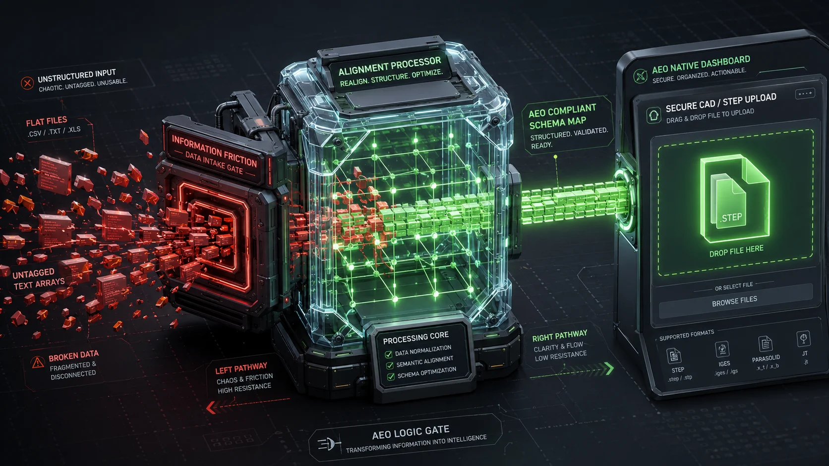 Detailed 3D isometric infographic prompt demonstrating how a Manufacturing UX/UI Designer restructures unstructured flat files into a clean 12-column grid layout to eliminate information friction and win AI snippets.