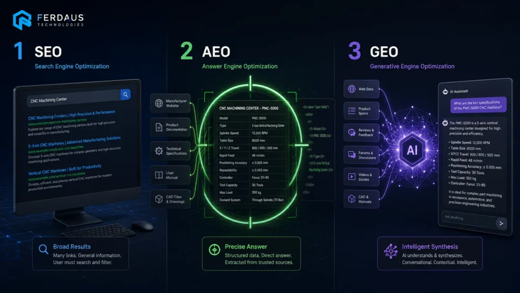 An isometric infographic comparing traditional SEO blue links, AEO direct snippet extraction, and GEO AI synthesis for industrial manufacturing. Overall the AEO vs SEO structure.