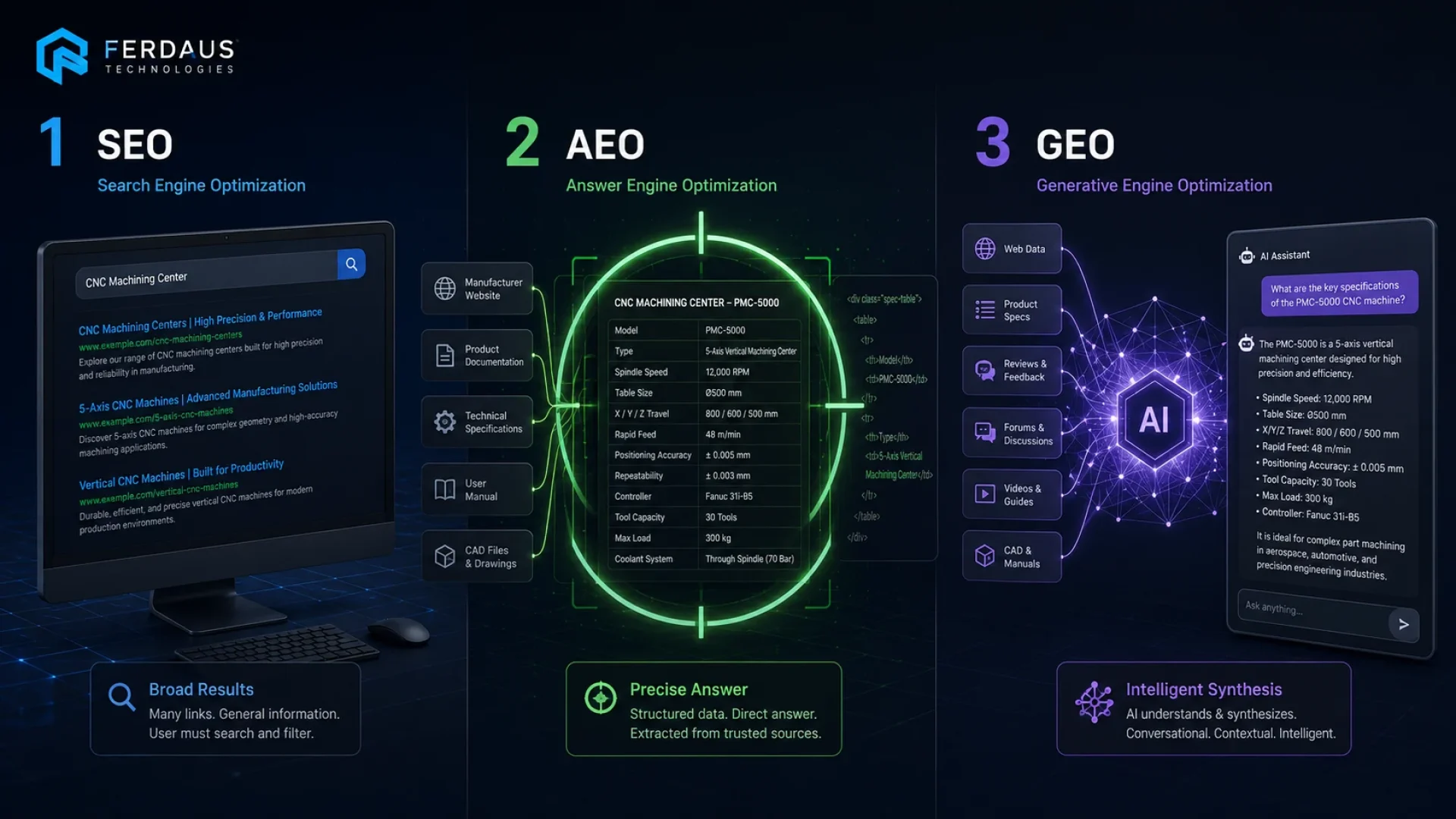 An isometric infographic comparing traditional SEO blue links, AEO direct snippet extraction, and GEO AI synthesis for industrial manufacturing. Overall the AEO vs SEO structure.