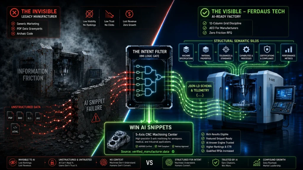 Split-screen industrial infographic showing a legacy manufacturer hidden by information friction and unstructured data versus an AI-ready factory using JSON-LD schema, semantic data architecture, and zero-friction RFQ workflows for a Manufacturing ux/ui designer.