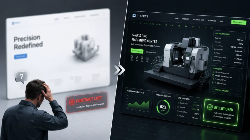 A split-screen graphic showing a vague, minimalist corporate website losing an OEM contract versus a high-density HMI-inspired dashboard by manufacturing ux/ui designer securing an industrial machinery RFQ.