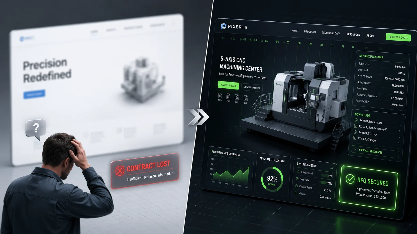 A split-screen graphic showing a vague, minimalist corporate website losing an OEM contract versus a high-density HMI-inspired dashboard by manufacturing ux/ui designer securing an industrial machinery RFQ.
